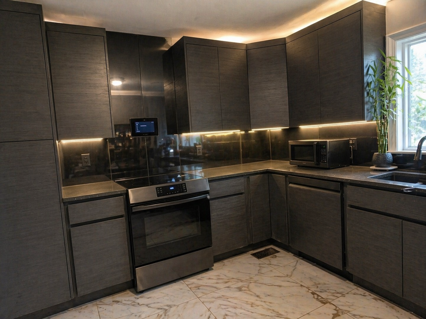 Modern kitchen remodel with dark cabinetry, LED accent lighting, and marble flooring in Richmond VA