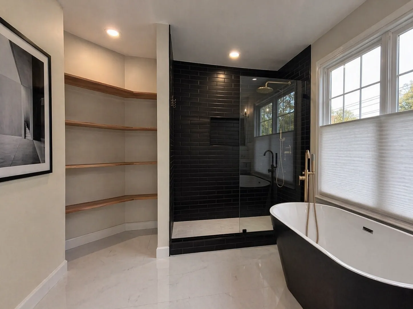 Fairfax VA primary bathroom remodel with black tile shower, freestanding tub, and brass fixtures