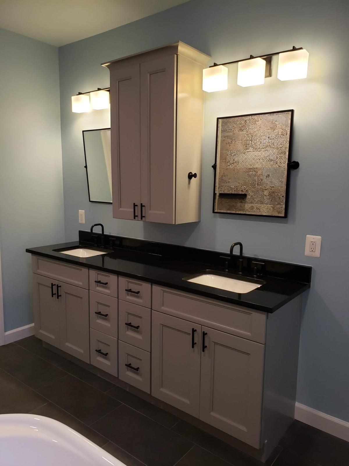 Double vanity with black granite countertop, Fairfax VA bathroom renovation